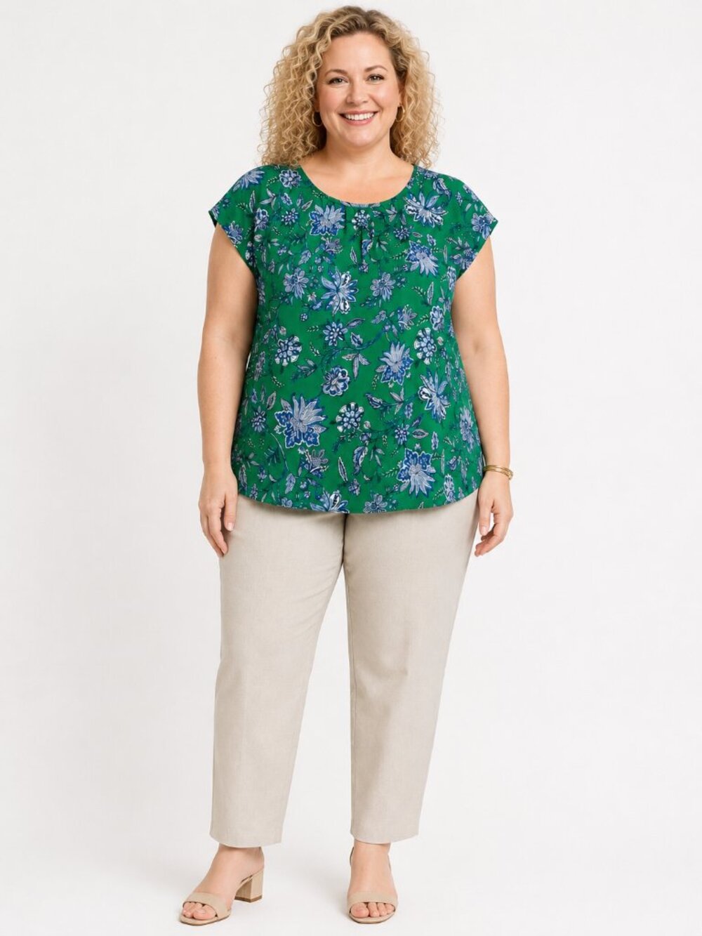 LOFT Green Blue Floral Blouse Size 14 Short Sleeve Lightweight Top
